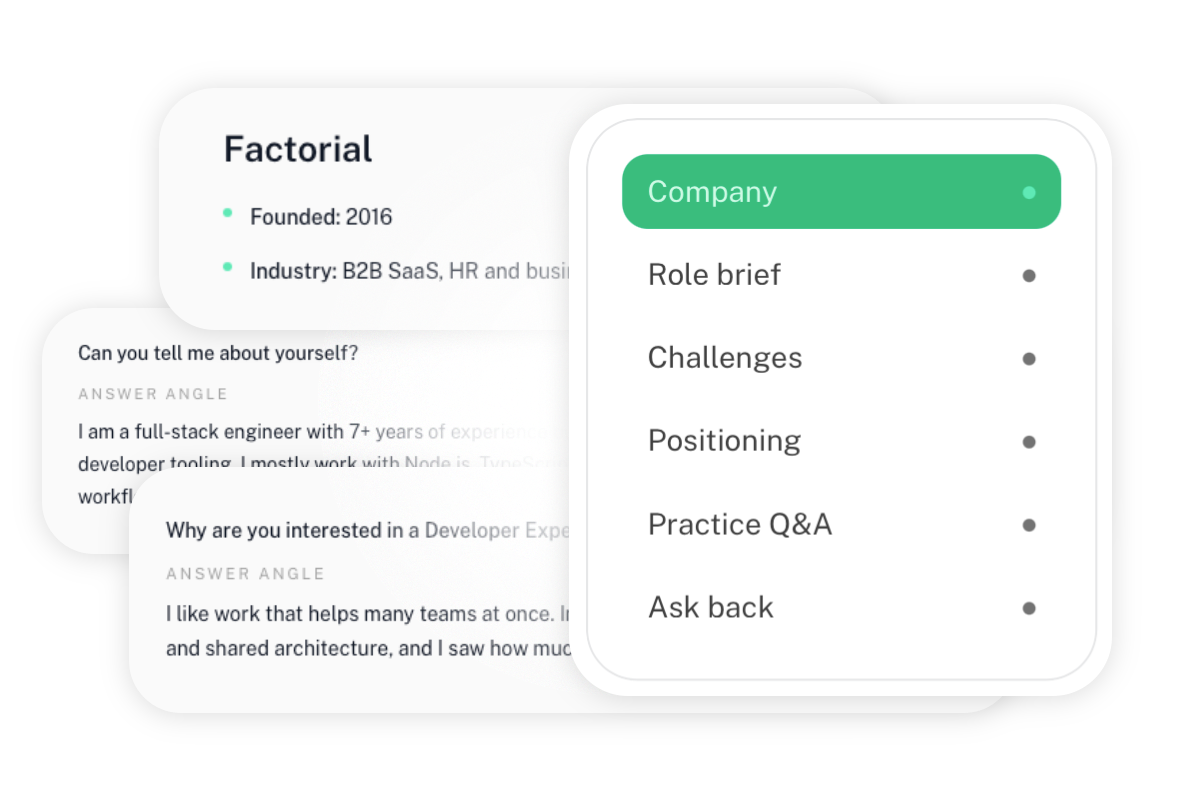 CareerBoard interview preparation view with prep pack, suggested questions, and answer guidance
