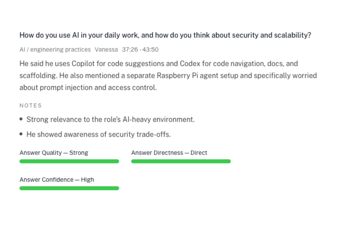 CareerBoard interview review view with transcript summary, answer feedback, and next-step recommendations