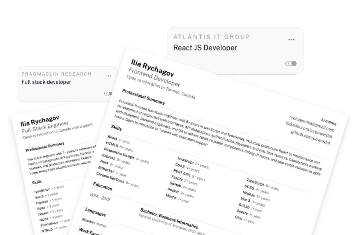 CareerBoard resume tailoring view with vacancy context, resume analysis, and tailored output